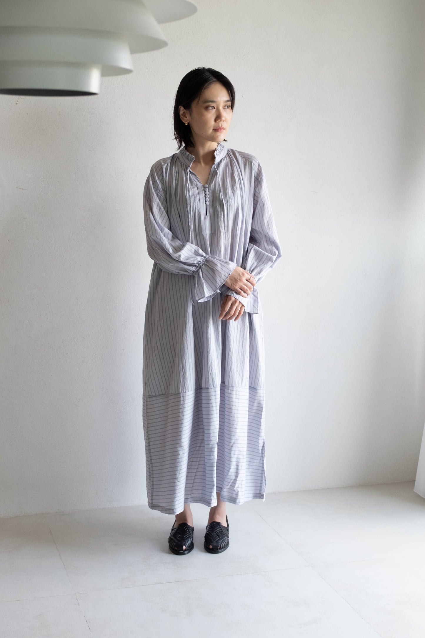 花瓣領條紋長洋 - 淺紫