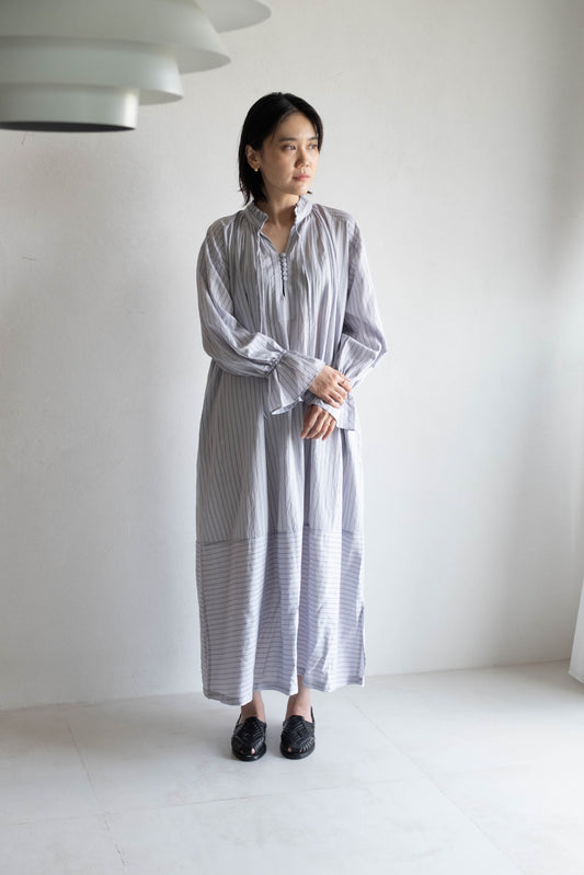 花瓣領條紋長洋 - 淺紫