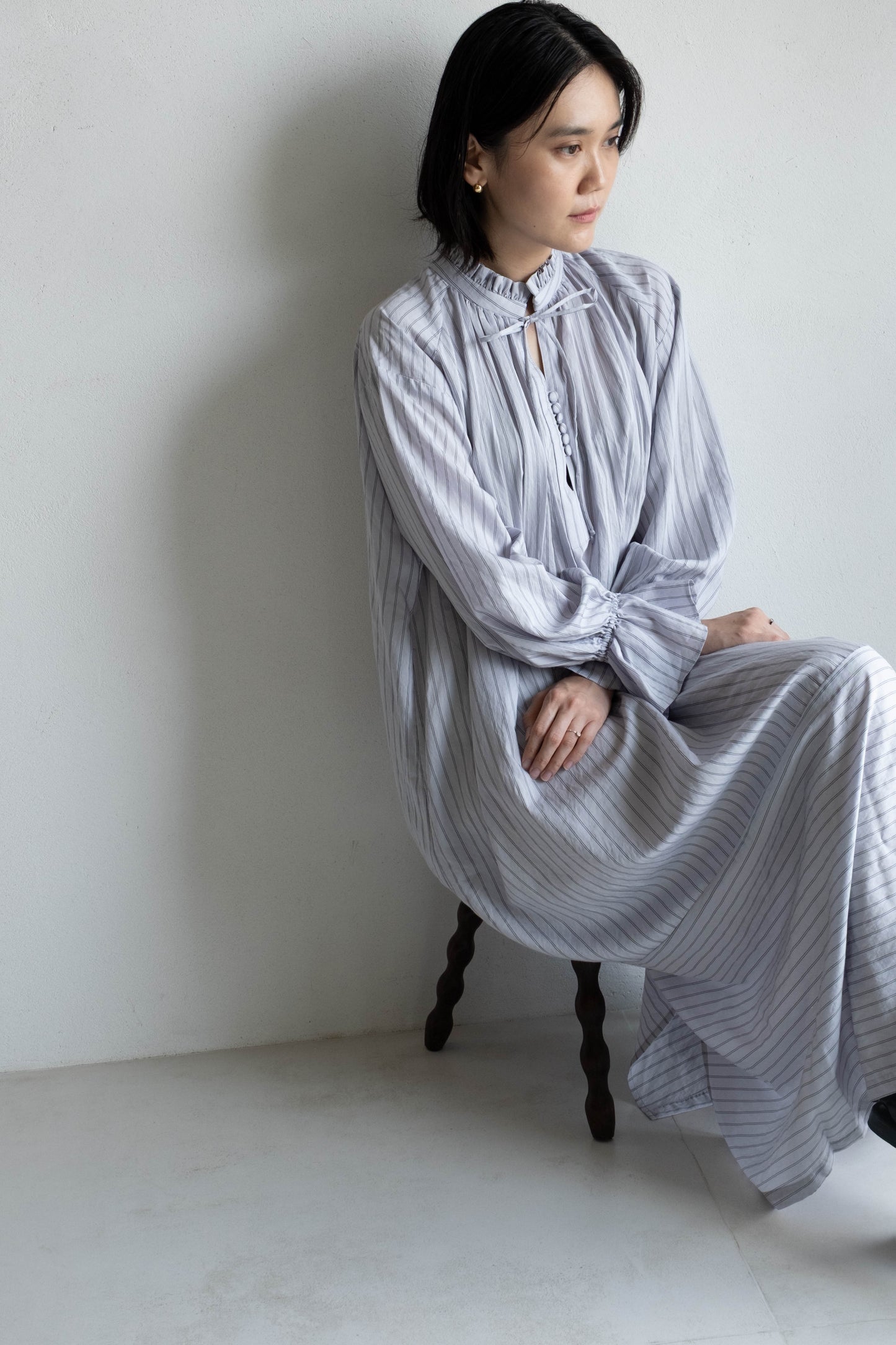 花瓣領條紋長洋 - 淺紫