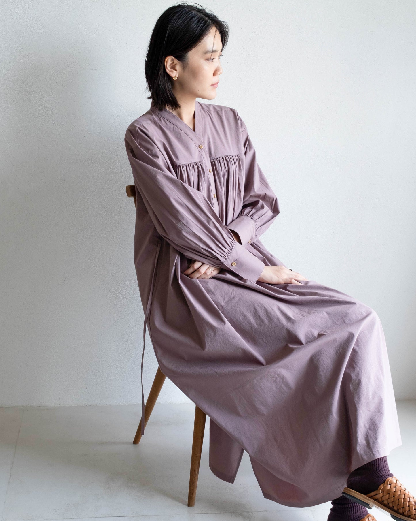 V領開襟長袖洋裝 - 粉紫