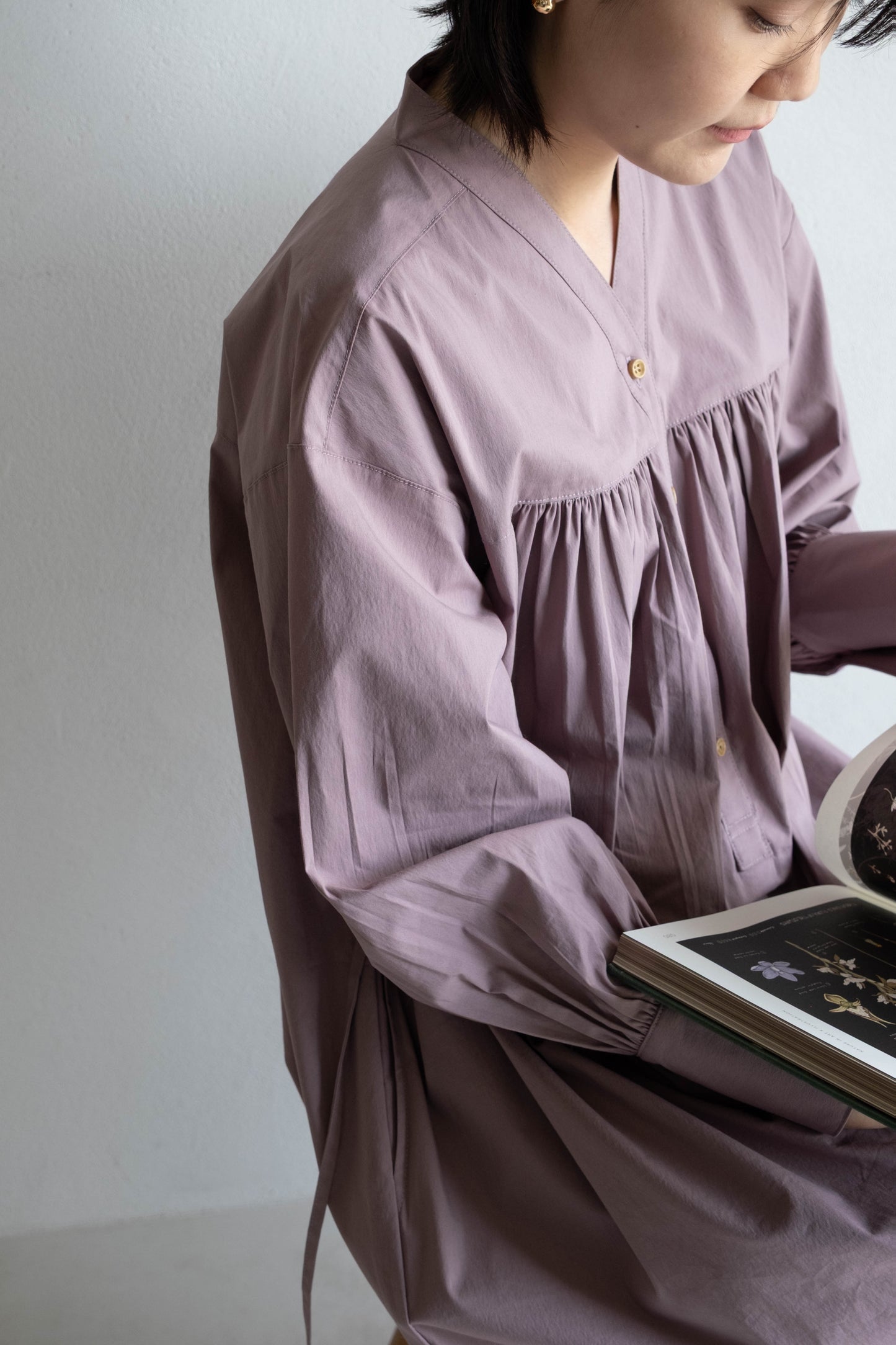 V領開襟長袖洋裝 - 粉紫