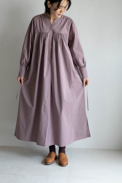 V領開襟長袖洋裝 - 粉紫