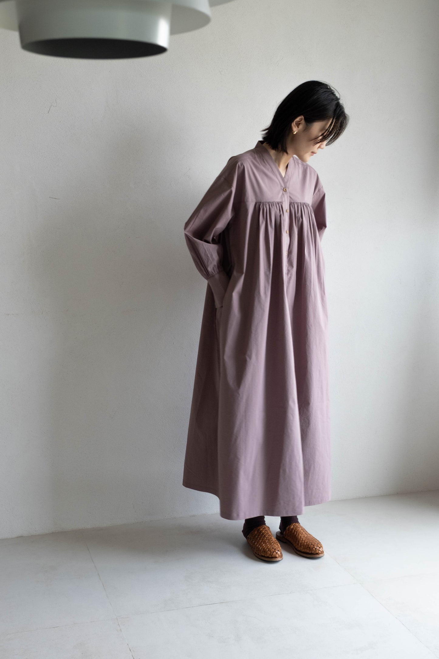 V領開襟長袖洋裝 - 粉紫