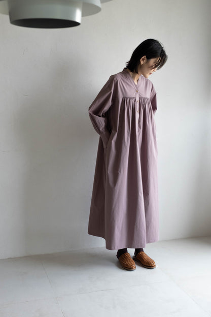 V領開襟長袖洋裝 - 粉紫