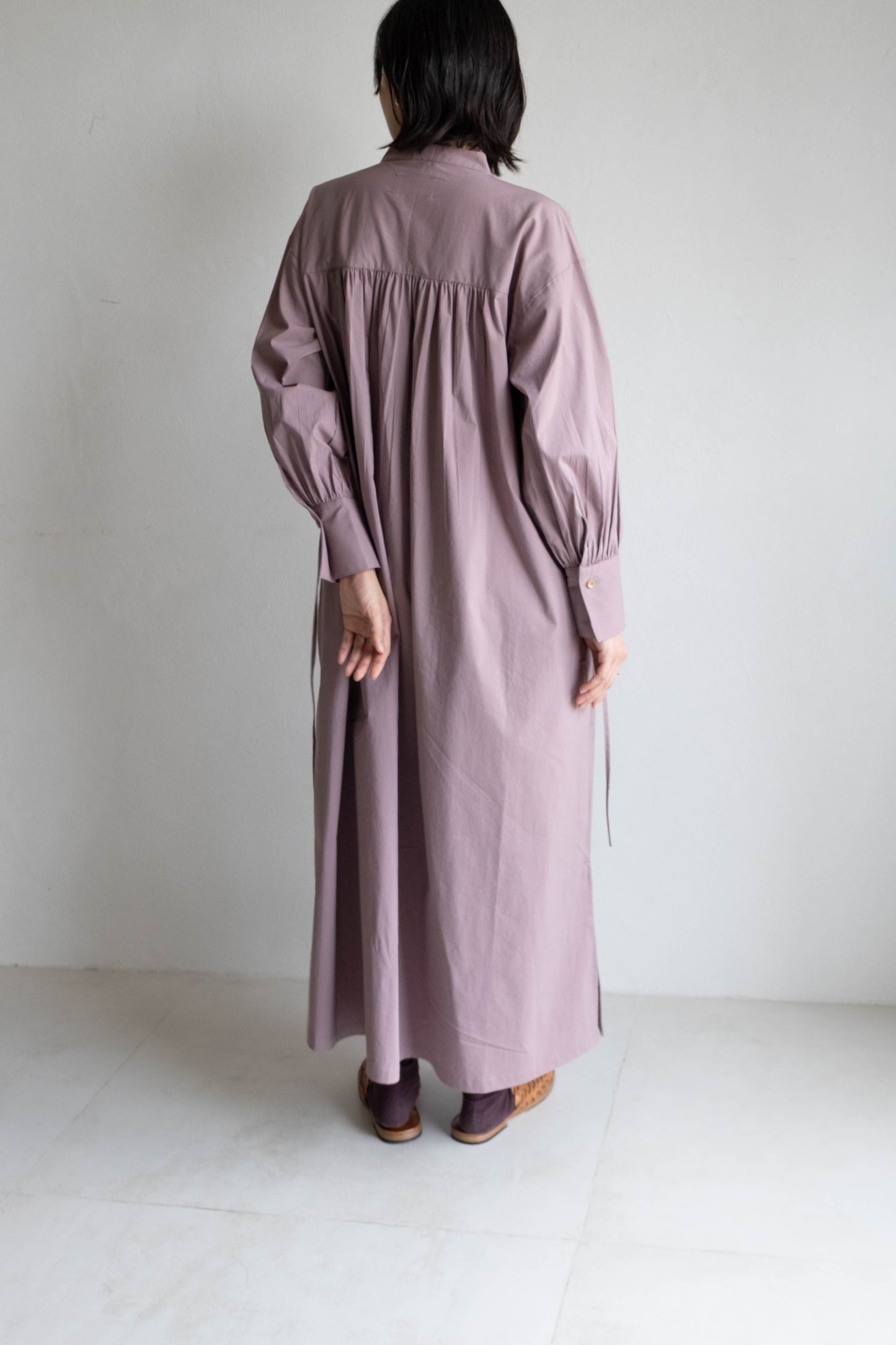 V領開襟長袖洋裝 - 粉紫