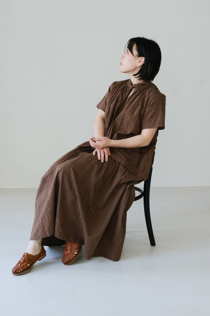 絲巾領條紋短袖洋裝-咖啡