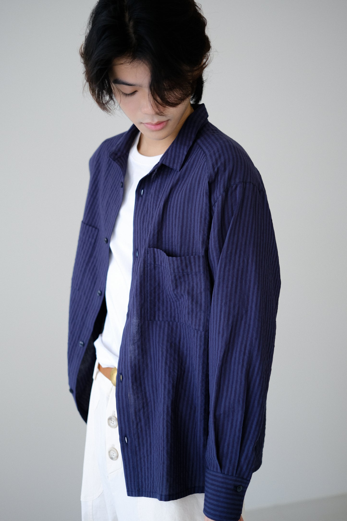 條紋長袖雙口袋襯衫 (5 colors)