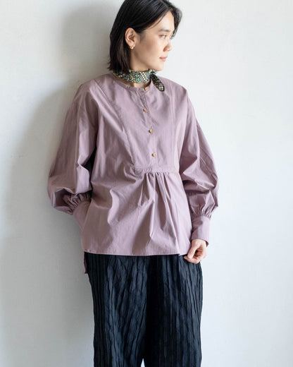 前胸剪接長版襯衫 - 粉紫