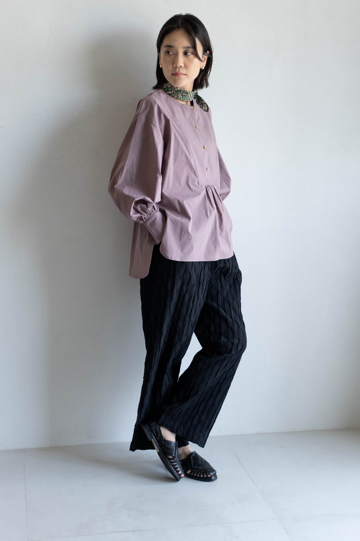 前胸剪接長版襯衫 - 粉紫