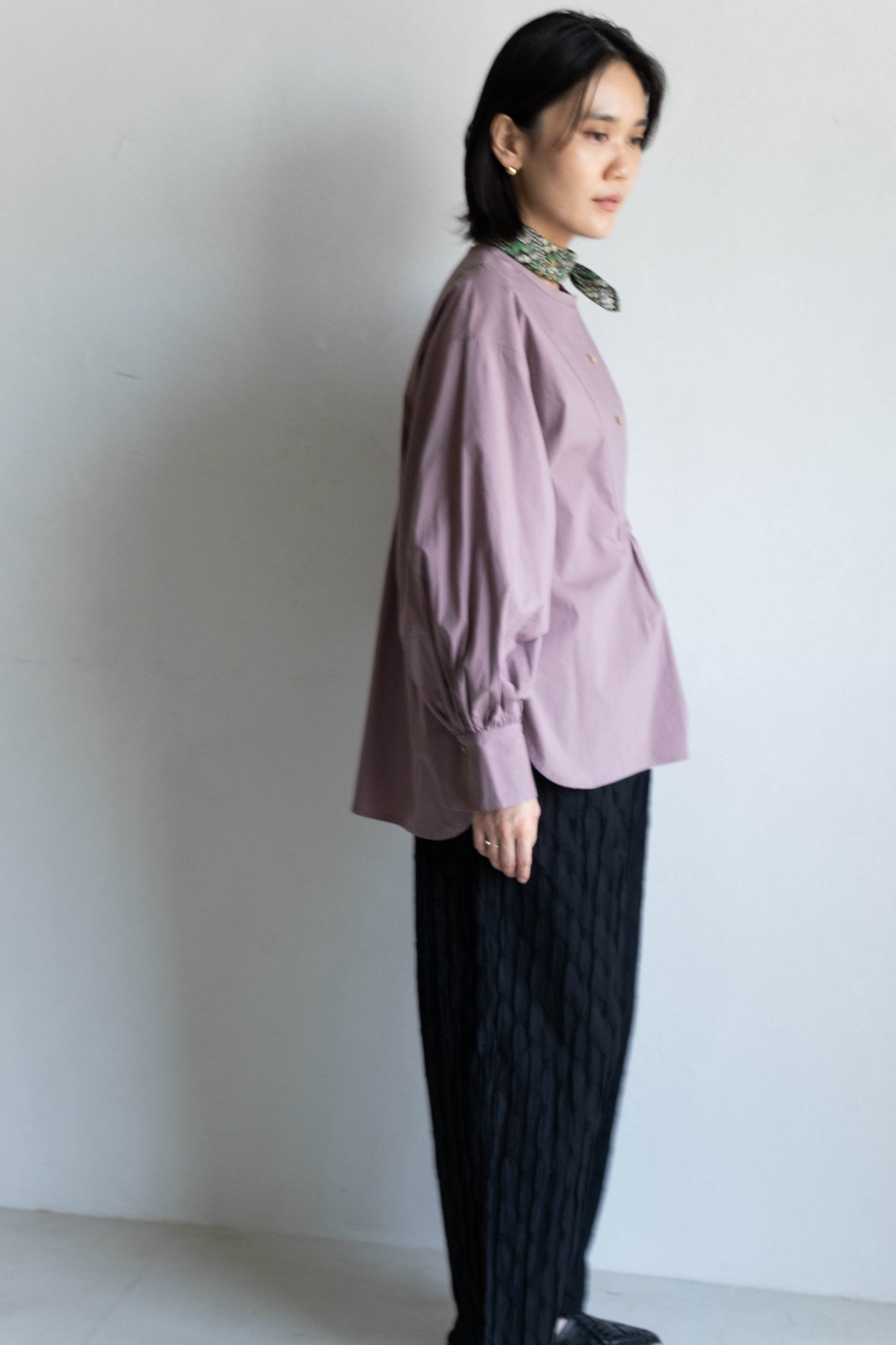 前胸剪接長版襯衫 - 粉紫