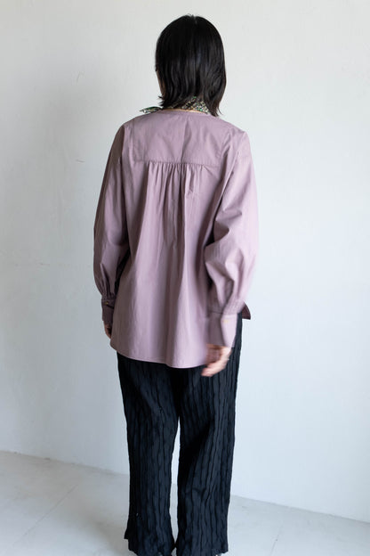 前胸剪接長版襯衫 - 粉紫