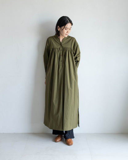 V領開襟長袖洋裝 - 軍綠