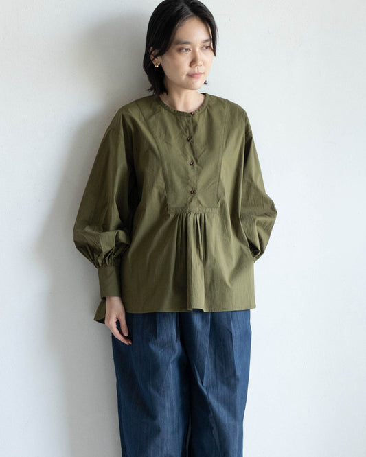 前胸剪接長版襯衫 - 軍綠