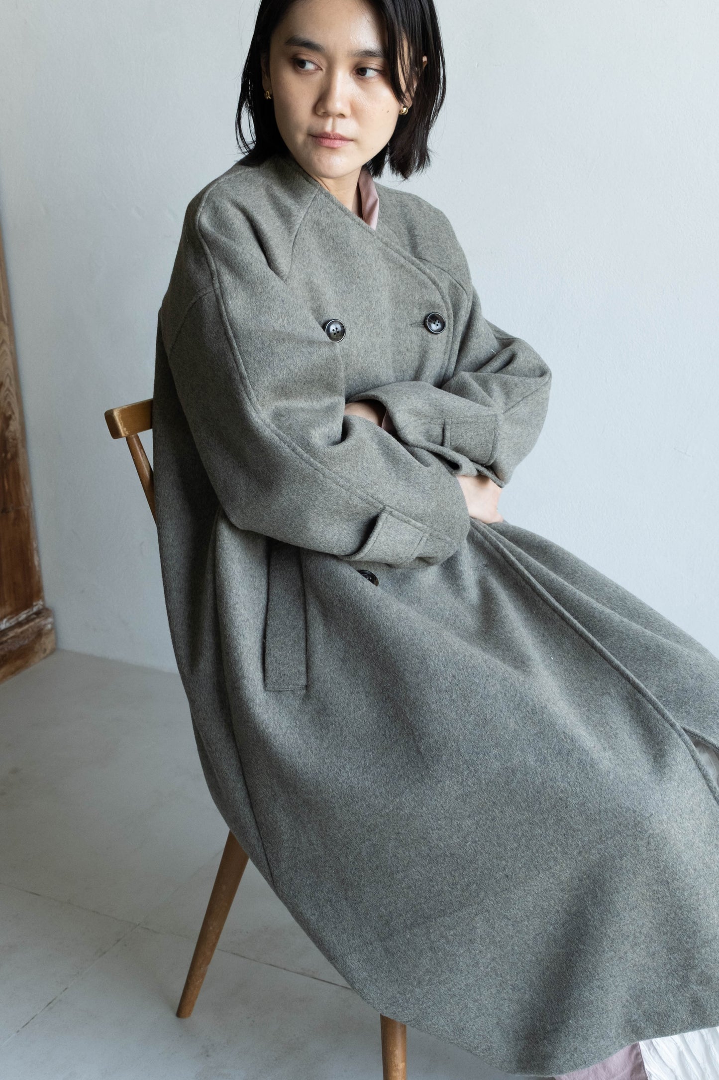 60%羊毛雙排扣大衣 - 灰綠