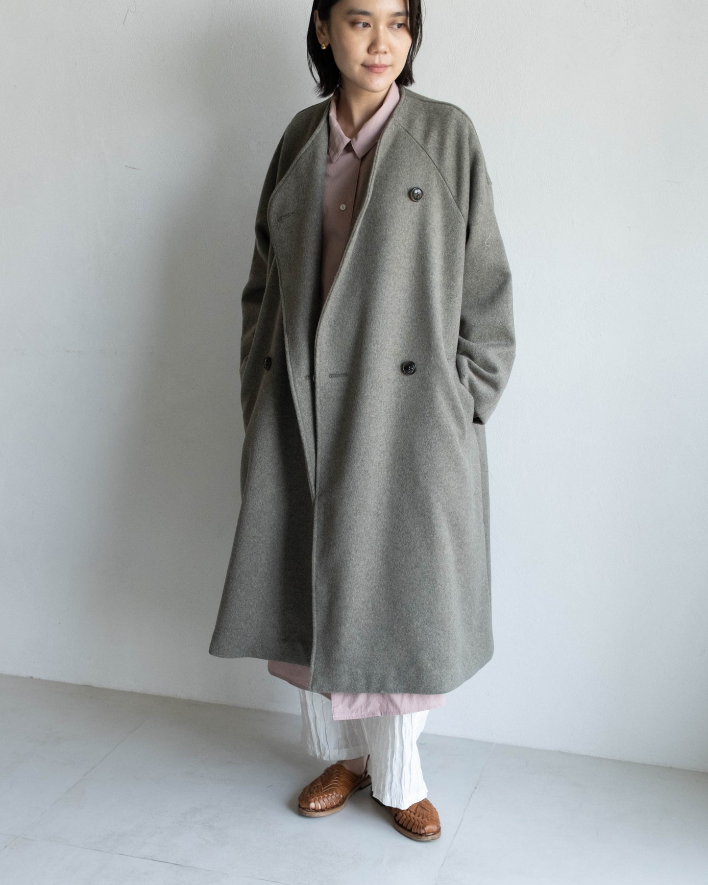 60%羊毛雙排扣大衣 - 灰綠