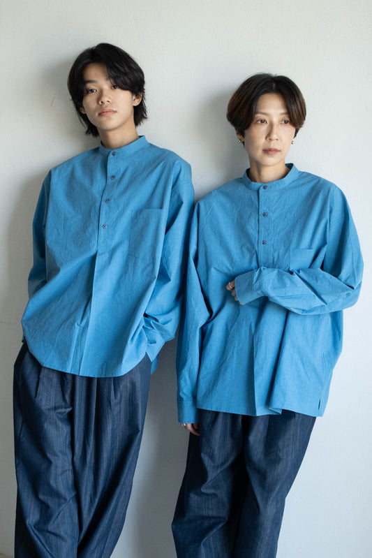 半開襟活摺襯衫 - 蔚藍