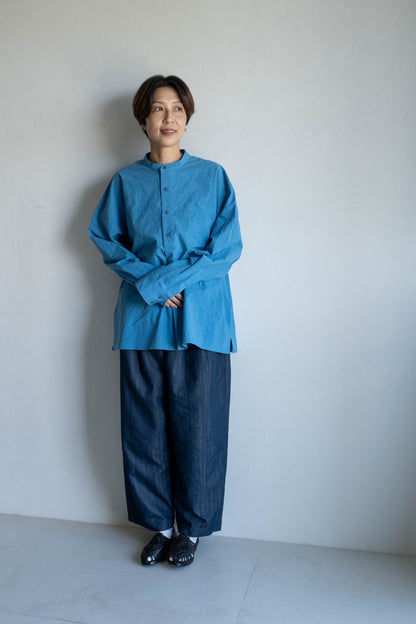半開襟活摺襯衫 - 蔚藍