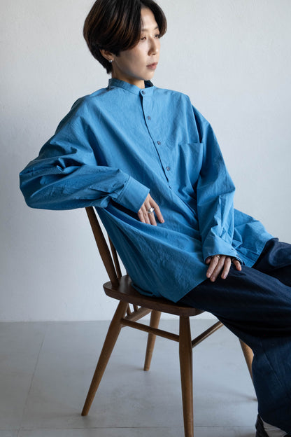 半開襟活摺襯衫 - 蔚藍