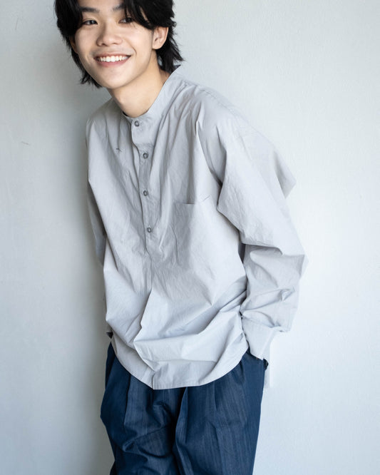 半開襟活摺襯衫 - 淺灰