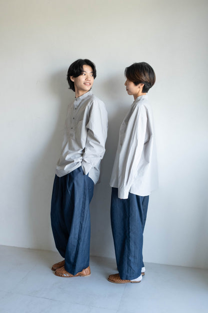 半開襟活摺襯衫 - 淺灰