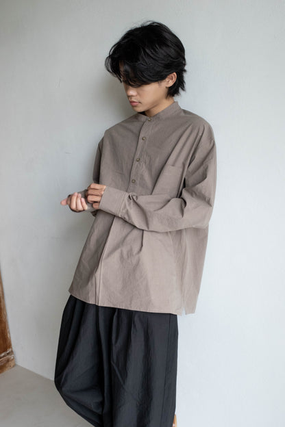 半開襟活摺襯衫 - 灰褐
