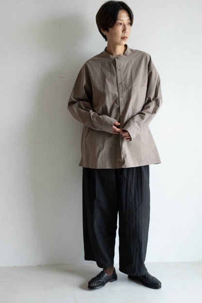 半開襟活摺襯衫 - 灰褐