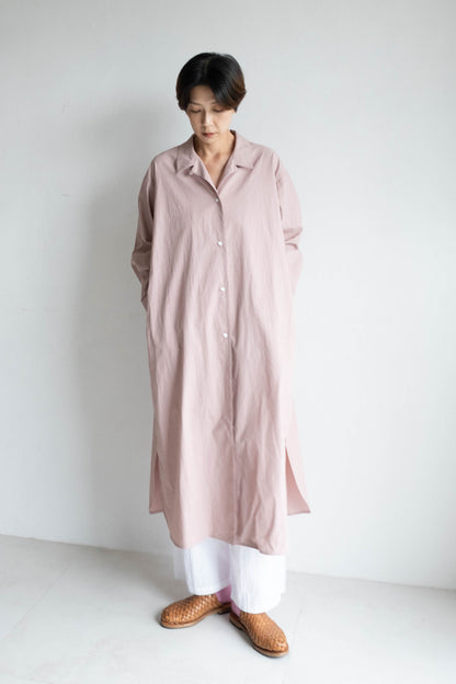 翻領長版襯衫外套 - 灰粉