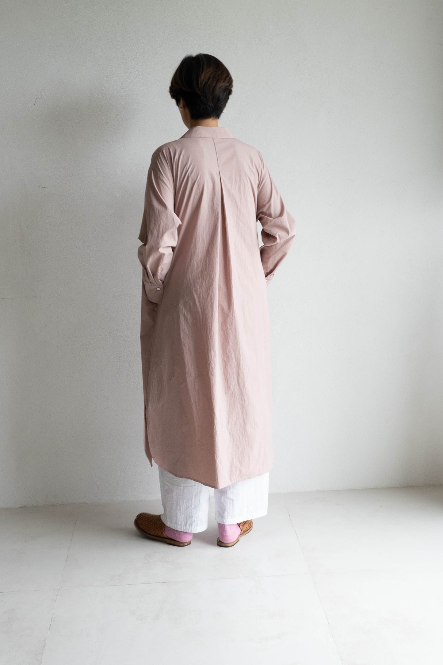 翻領長版襯衫外套 - 灰粉