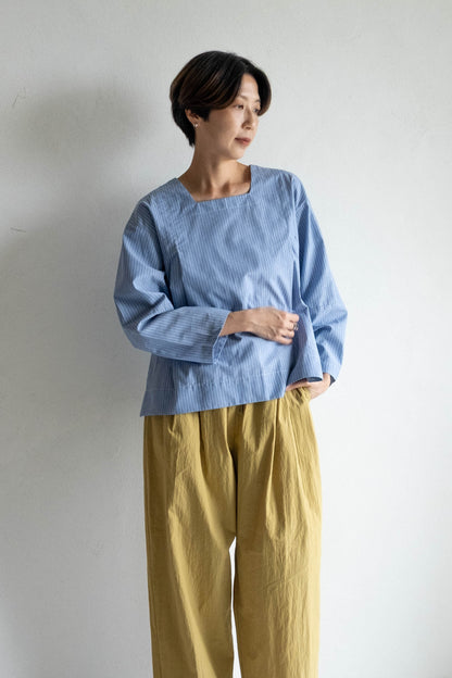 方領箱型條紋上衣 - 藍