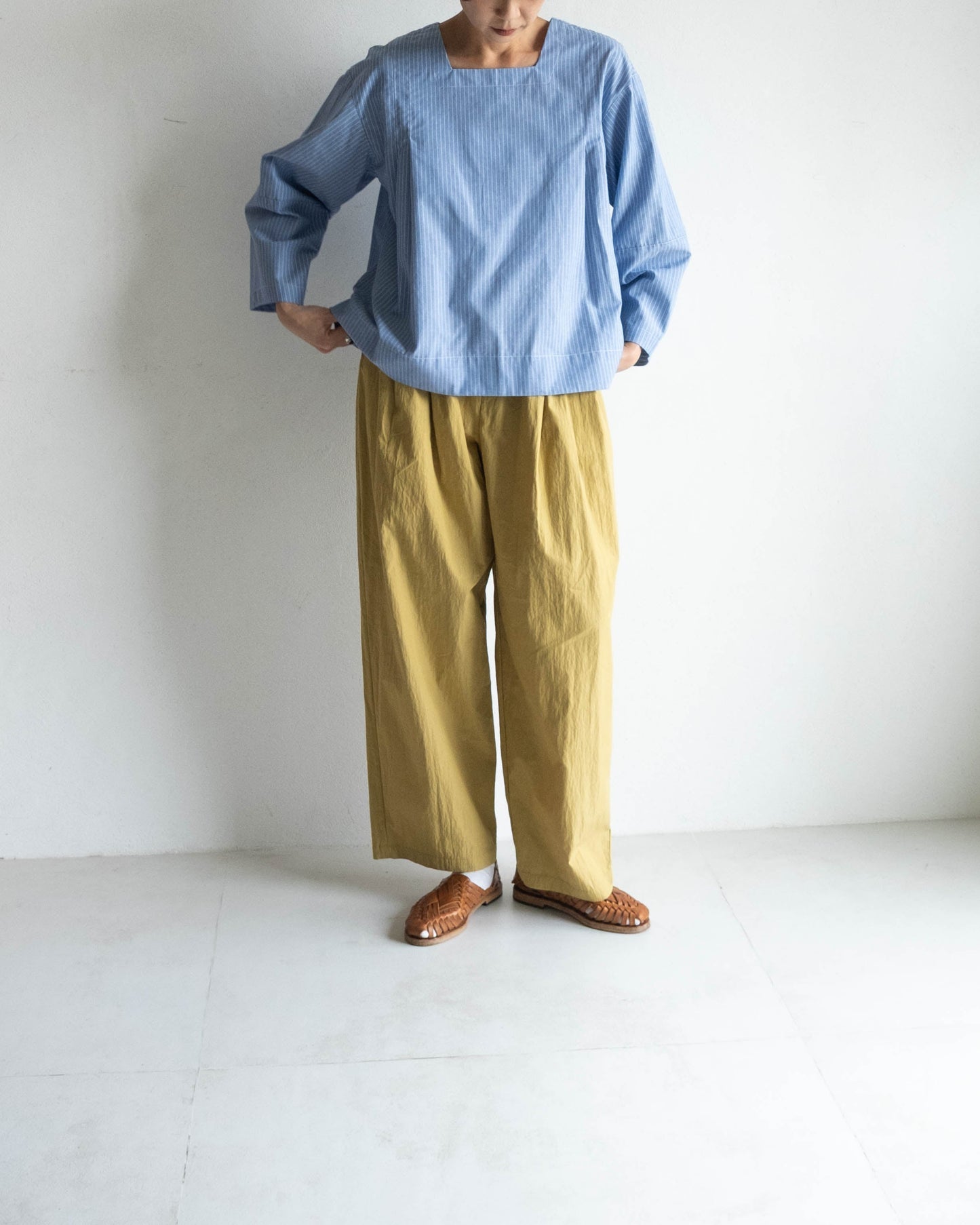 棉混紡打褶寬褲 - 芥末黃(new)