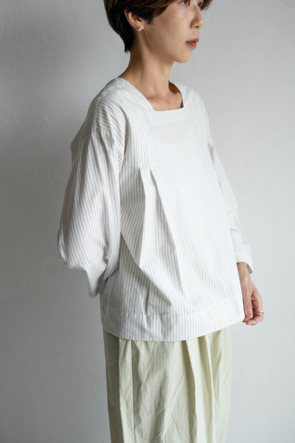 方領箱型條紋上衣 - 白