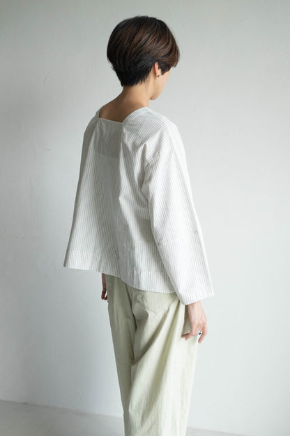 方領箱型條紋上衣 - 白