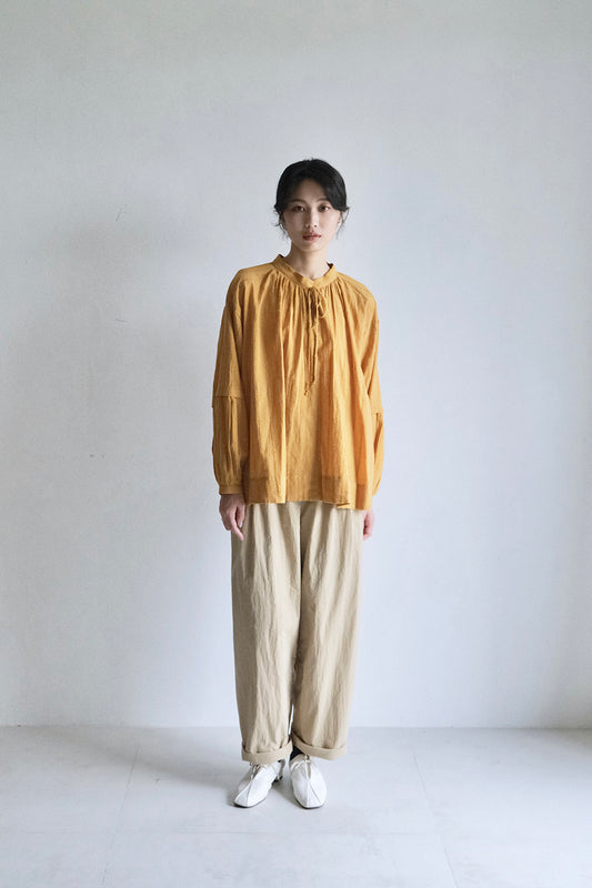 泡袖綁帶條紋上衣-芥黃