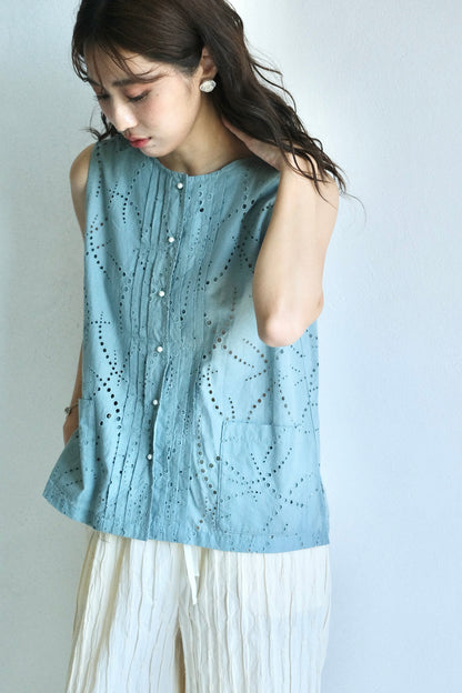 刺繡蕾絲背心-藍綠