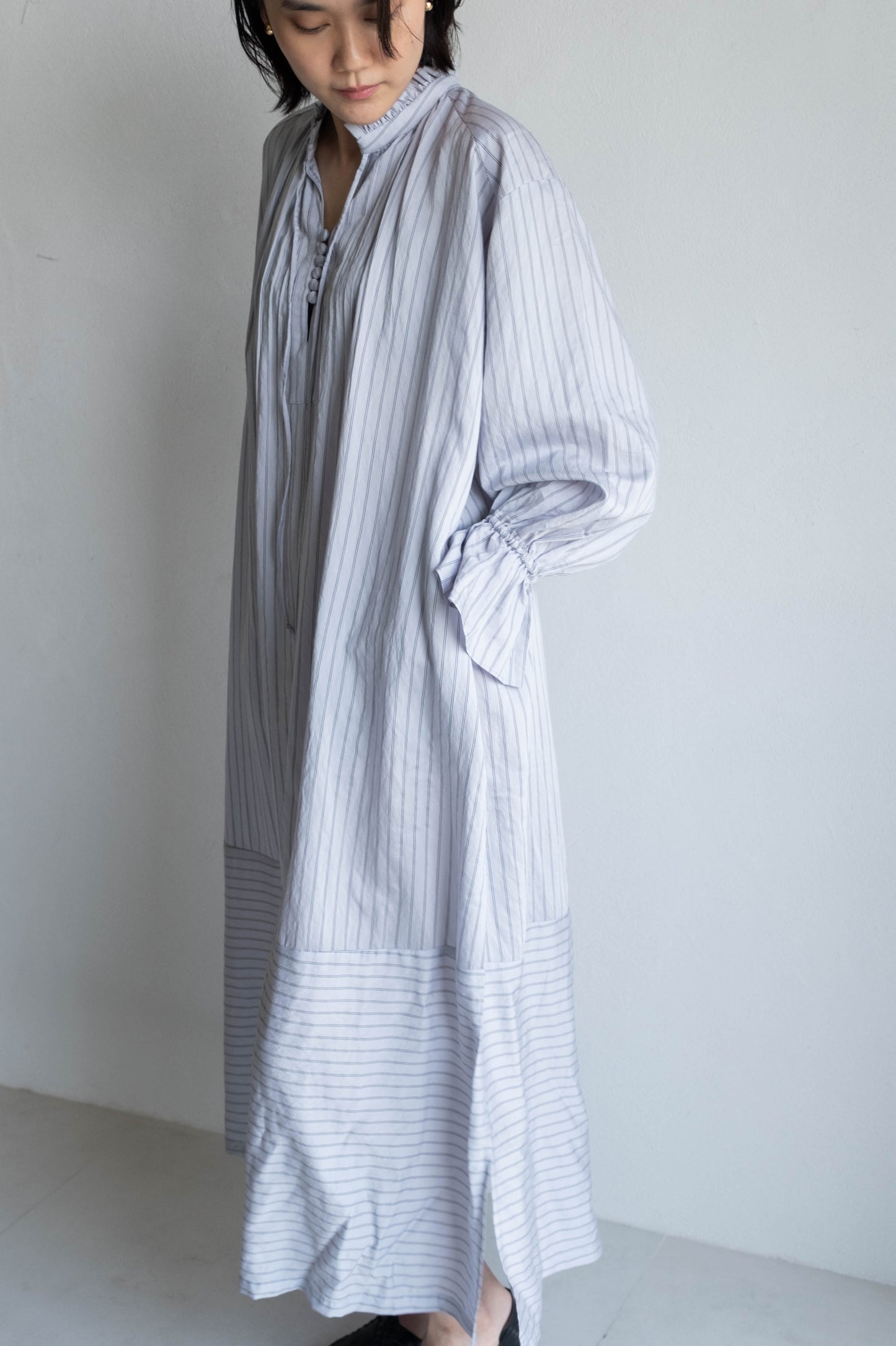 花瓣領條紋長洋 - 淺紫