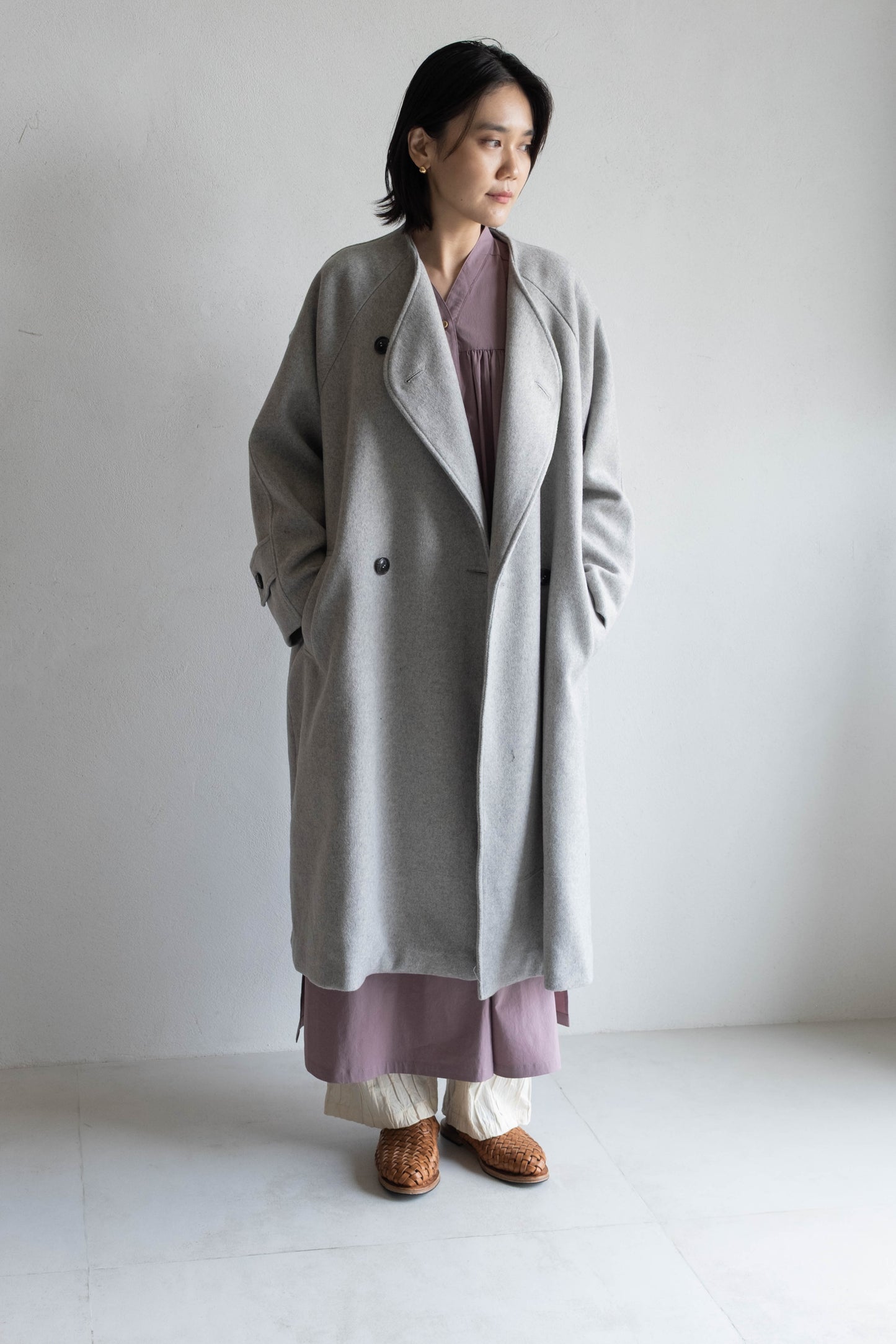 60%羊毛雙排扣大衣 - 淺灰