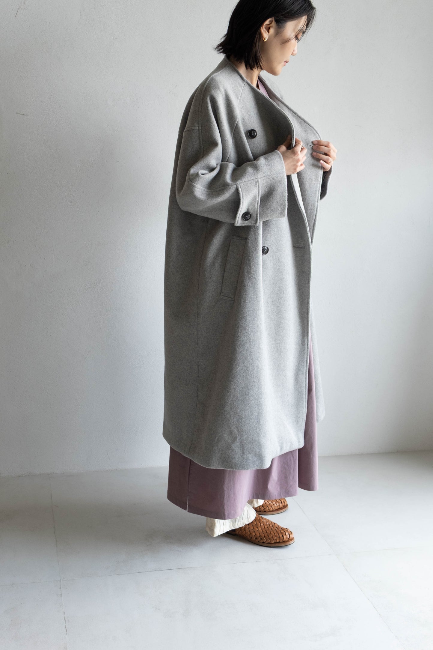 60%羊毛雙排扣大衣 - 淺灰