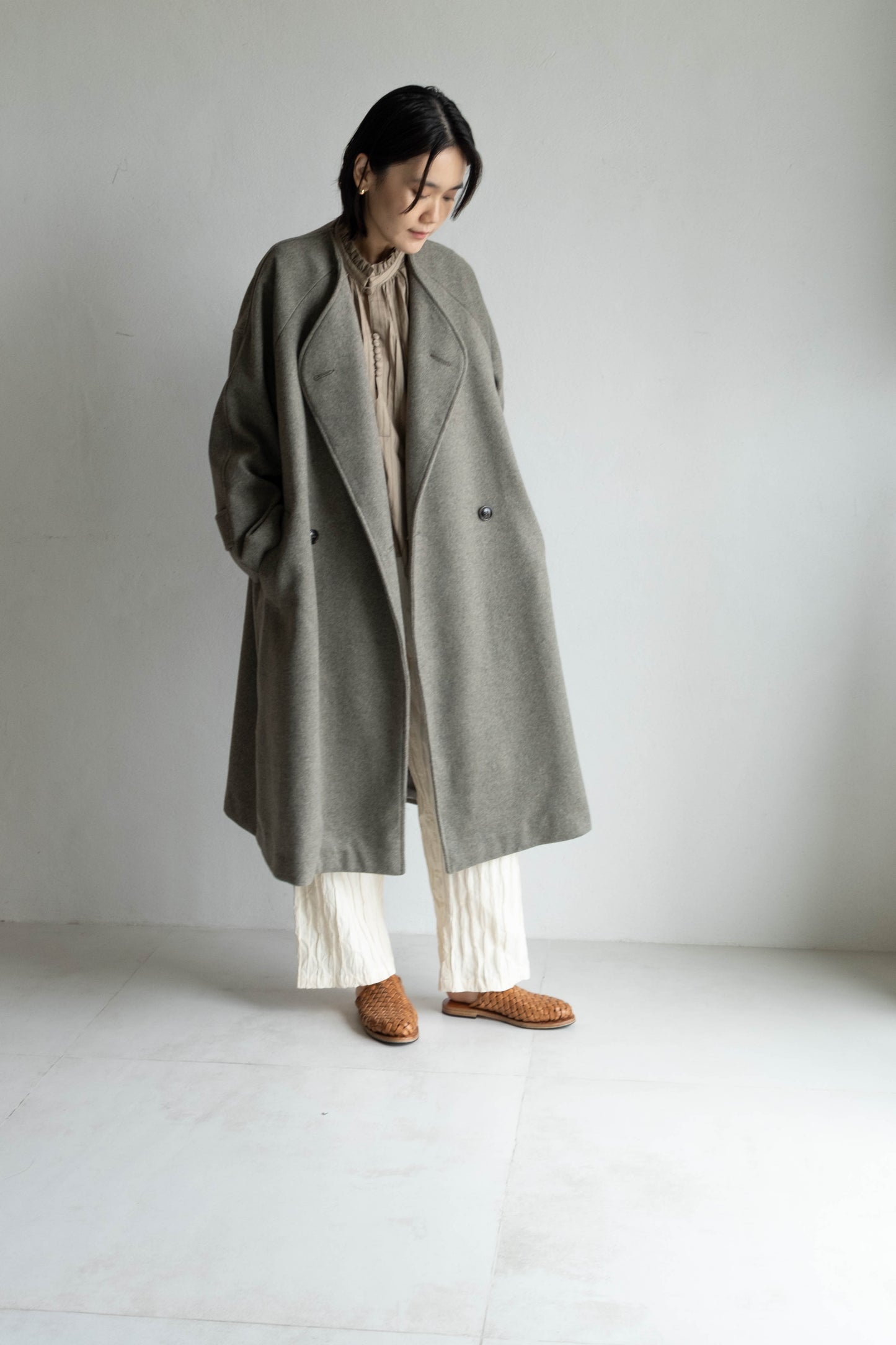 60%羊毛雙排扣大衣 - 灰綠