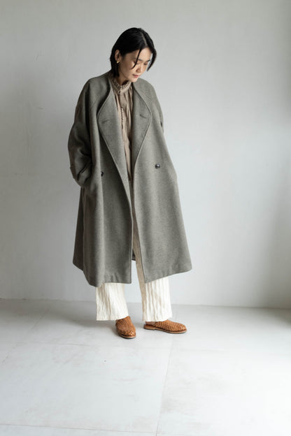 60%羊毛雙排扣大衣 - 灰綠