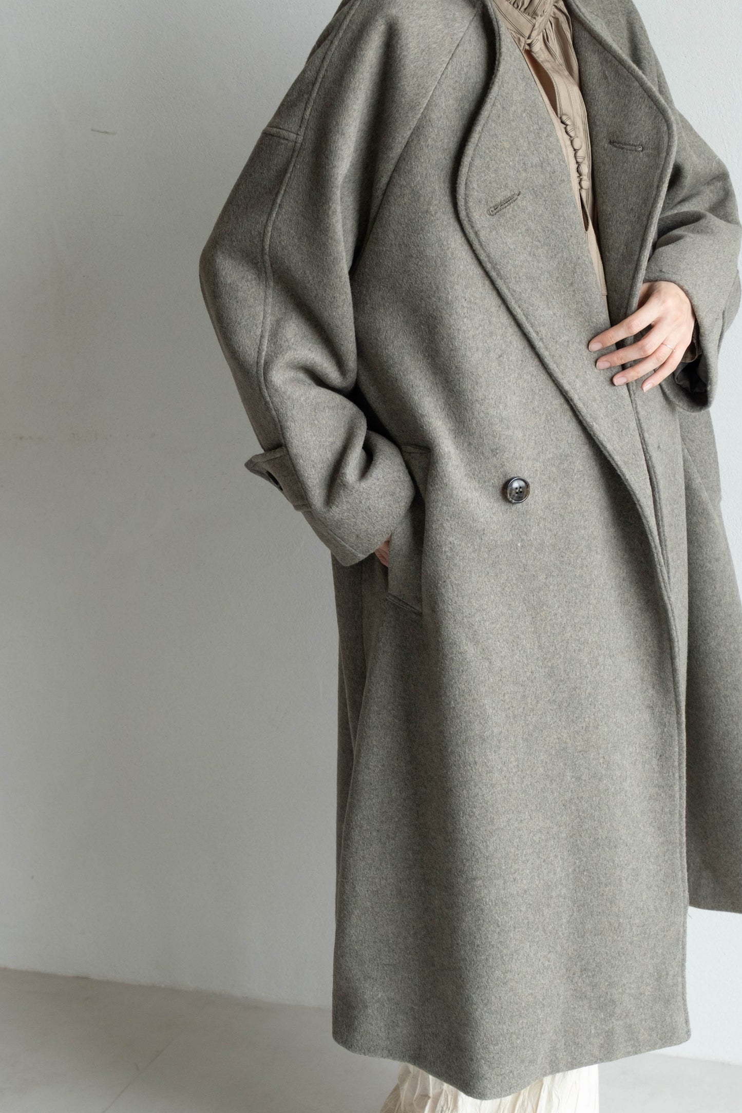 60%羊毛雙排扣大衣 - 灰綠