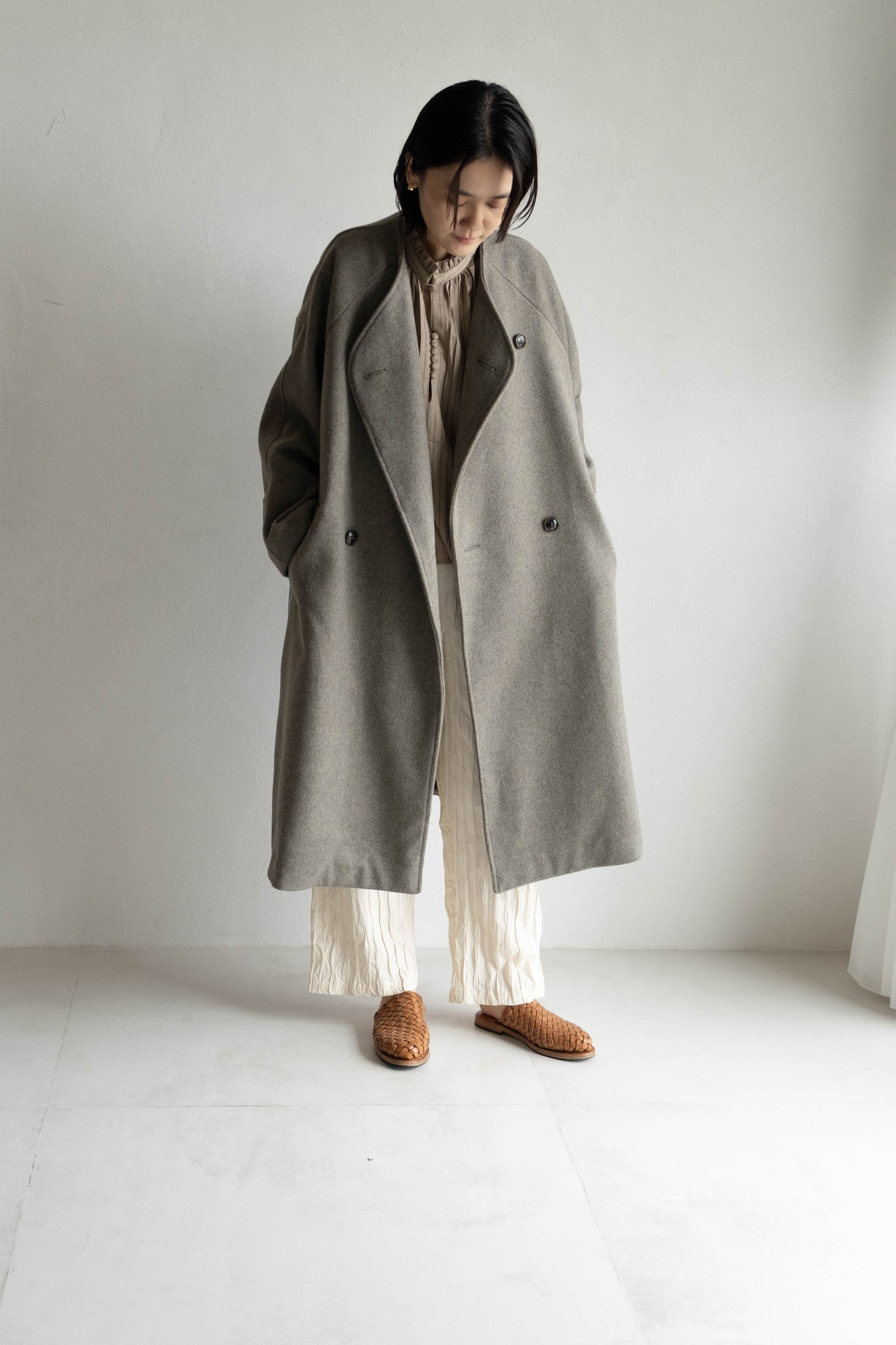 60%羊毛雙排扣大衣 - 灰綠