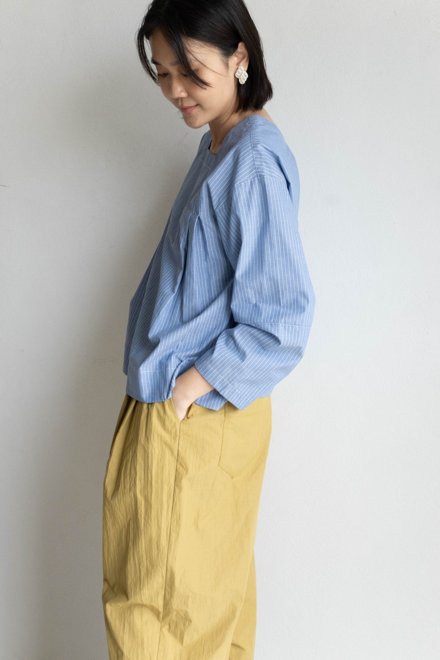 方領箱型條紋上衣 - 藍